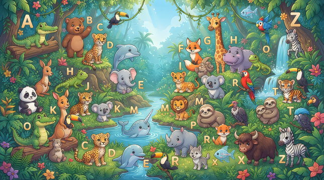 Educational jungle alphabet poster with cute cartoon animals and letters for kids in a green forest