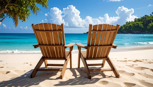 Twin wicker chairs facing turquoise ocean on sandy beach.