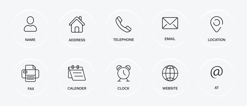 Contact us icon. A collection of clean, modern icons representing various contact methods like name, address, phone, email, and website for business use. vector illustration.