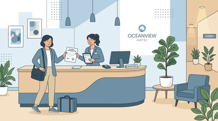 Fototapeta premium Hotel Check-in: Woman receives documents from receptionist at reception desk.