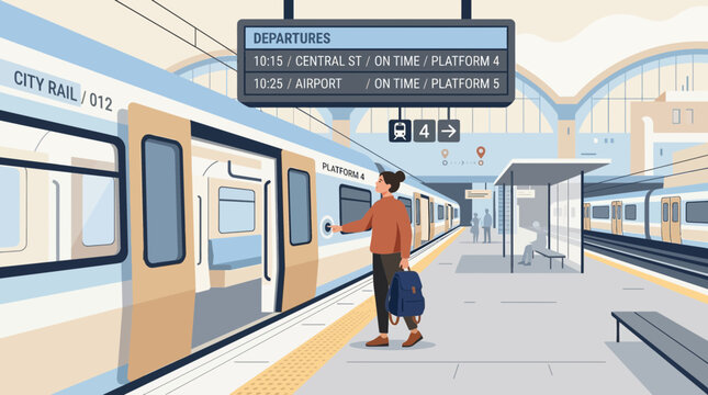 Passenger boards train at station, departures board shows travel times