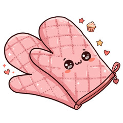 Cute pink oven mitts character, kawaii cooking gloves illustration with cute face and stars, isolated on transparent background