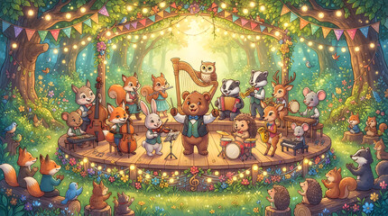 Cute forest animals playing musical instruments on a wooden stage with festive fairy lights © hfdiszonglyphik