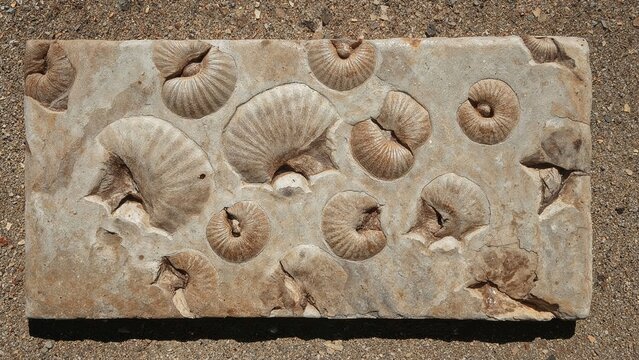 Fossilized ammonite shells embedded in a rectangular slab of rock with a sandy background.