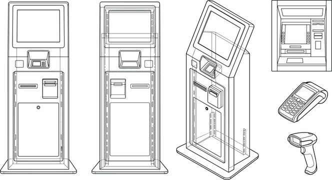 Line collection of self-service payment kiosks, card reader terminal, and barcode scanner