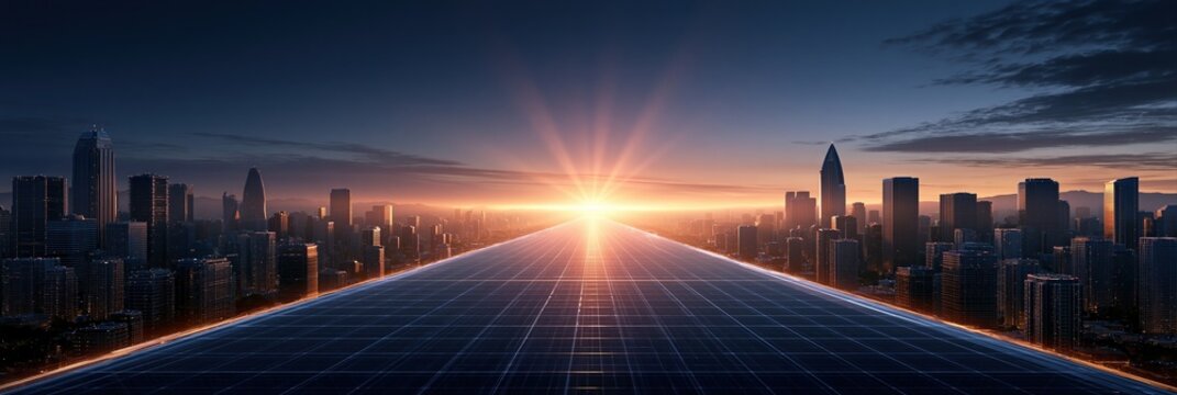 Futuristic Cityscape at Sunrise with Digital Grid Pathway Leading to Bright Horizon