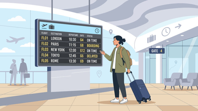Woman checking flight board at airport terminal, travel and departure information
