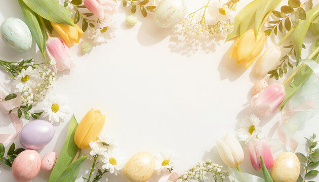Easter Spring Background with Pastel Eggs, Tulips, Daisies and Ribbon Copy Space