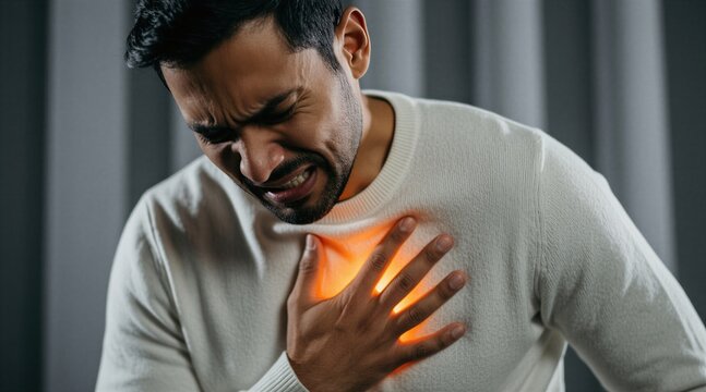 Man feels sudden sharp chest pain wearing white sweater. Adult male touches torso with hand showing heartburn heart attack symptom. Person suffers from intense anxiety plus physical discomfort