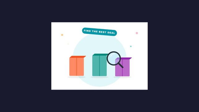 Footage of magnifying glass inspecting three colorful gift boxes for best deal or discount offer