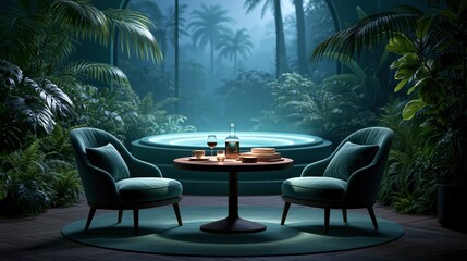 Fototapeta premium Luxurious tropical spa retreat with plush seating, drinks, and a serene hot tub ambiance