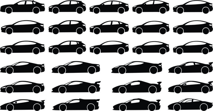 Set of black silhouette car showing various vehicle body types in side profile view