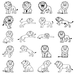 Obraz premium Lion Silhouette and Line Art Vector Icon Set Collection | Wild Animal Outline Illustrations