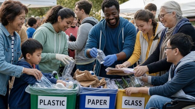 People sorting recyclables at a community event held outdoors during the day with various trash bins for different materials
