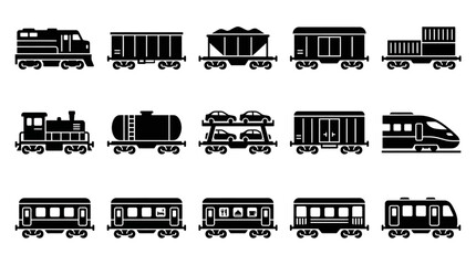 Creative Black and White Icons Set of Various Train Cars and Locomotives for Design Projects with high quality professional line art symbols for modern creative design and digital branding projects © Tulo