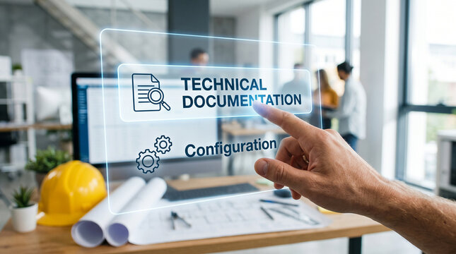 Professional engineer touching a digital screen displaying technical documentation and system configuration options inside modern office