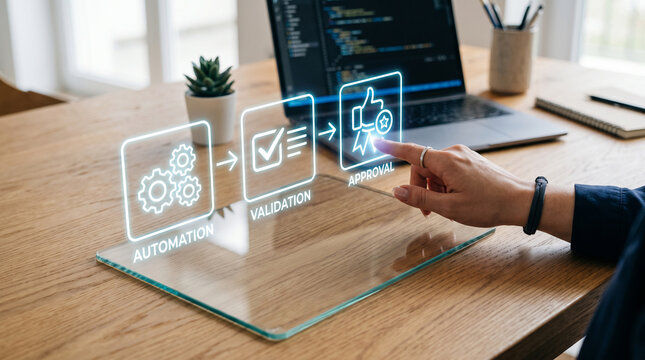 Professional hand touching digital interface showing process automation validation and approval icons on wooden office desk