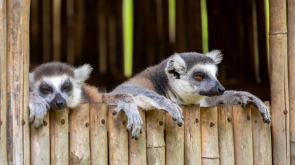 A ring-tailed lemur rests in a wooden house. These famous Madagascar primates have expressive faces. A close-up portrait of a lemur. © Vera