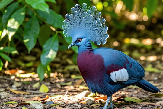 Victoria crowned pigeon has blue gray body with magenta breast. Bird has large feather crest on head. It stands on ground among leaves in sunlight. Wildlife avifauna.