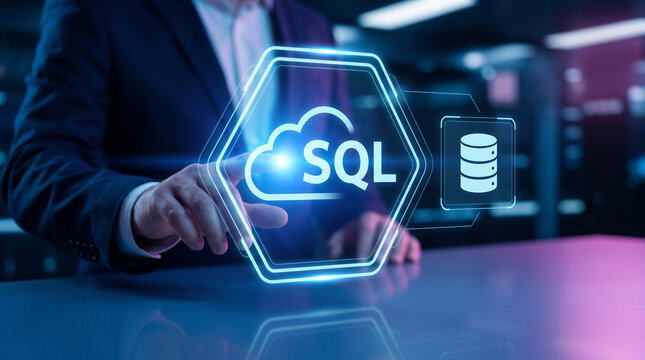 Professional businessman interacting with glowing digital cloud sql database interface inside a dark futuristic server room
