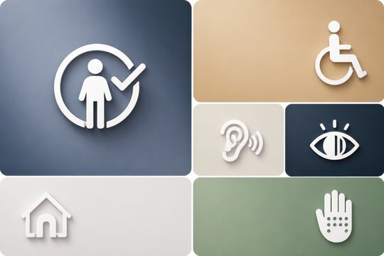 Accessibility icon set with inclusive symbols on colored backgrounds