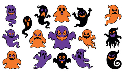 Obraz premium Scary Cartoon Halloween Ghost Vector Set with Evil Expressions