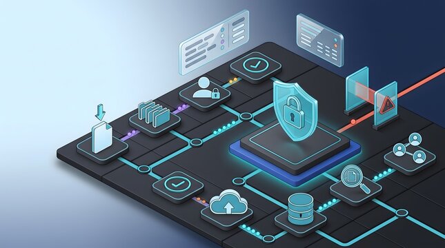Cybersecurity network architecture diagram showing access control and encrypted document storage with threat detection