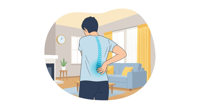 Man with back pain holding his lower back, spine highlighted