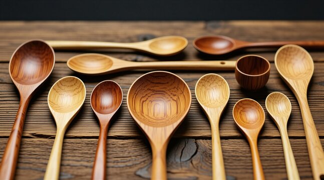 Collection of various handcrafted wooden spoons arranged on rustic table top. Different sizes of organic kitchen utensils showcase natural texture, warm brown grain pattern. Culinary tools provide