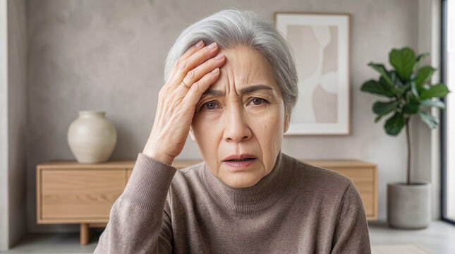 Stressed senior Asian woman suffering from headache and memory loss
