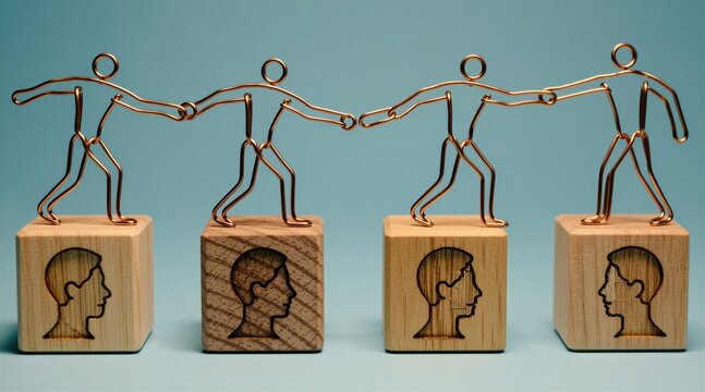 Wire human figures hold hands standing on wooden blocks with faces. Concept of corporate team connection, partnership strategy. Business people work together for shared goal. Community support, unity