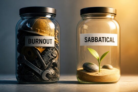 Burnout and sabbatical concept jars with copy space for work life balance