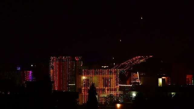 Title:
Illuminated Houses And Firecrackers In Night Sky During Diwali Festival In India