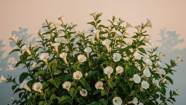 White flowering plant with lush green leaves and trumpet-shaped flowers in a dense cluster.