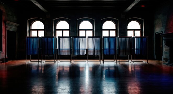 Empty Voting Booths in Grand Hall with Blue Curtains, Democracy Concept