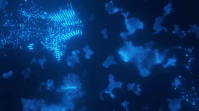 Dynamic glowing digital data clouds expanding in deep blue space with clusters morphing expanding