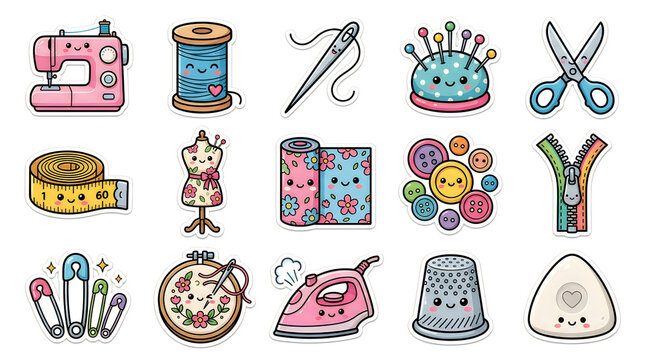 Set of cute kawaii sewing and tailoring tools icons including sewing machine needle thread scissors buttons and pins for fashion design and craft projects