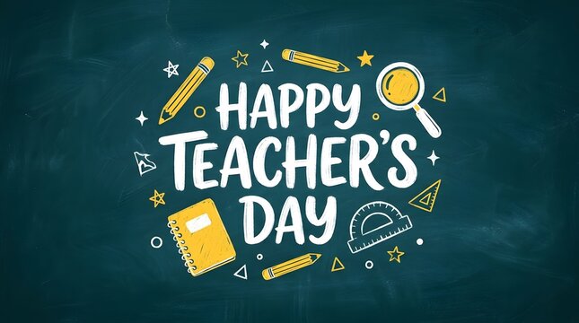 Happy teachers day greeting card design with colorful school supplies on a green chalkboard background