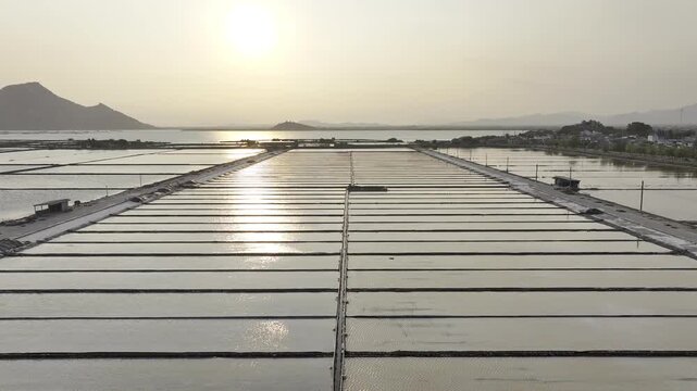 Aerial drone footage of Phuong Cuu Salt Fields in Khanh Hoa, Vietnam, showcasing traditional sea salt production, geometric salt ponds, coastal landscape and sustainable local industry.