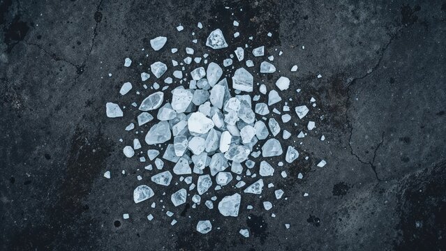 Clumps of broken ice or rock on a rough surface.