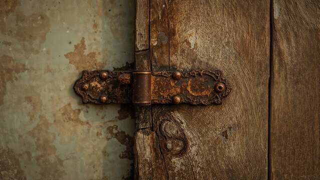 Rustic metal hinge on an old wooden door.