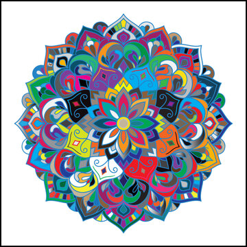 Vibrant symmetrical mandala pattern with colorful floral elements and intricate geometric decorative design