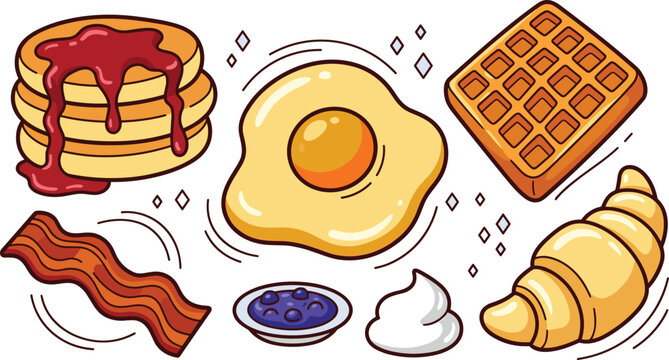Breakfast Food Set with Pancakes, Fried Egg, Waffle, Bacon, Blueberries, Whipped Cream, and Croissant for Menu and Cafe Designs