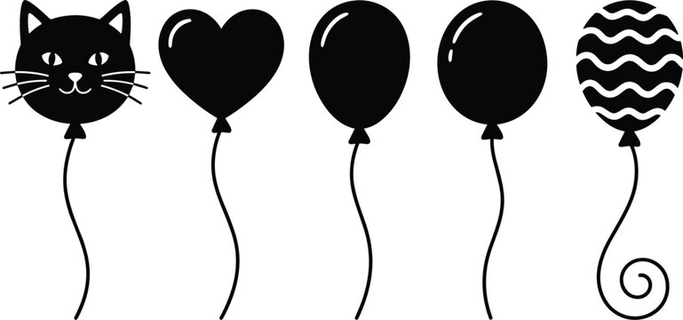 Cute black balloon vector icon set featuring cat face heart oval round and wavy pattern balloons on white background.eps