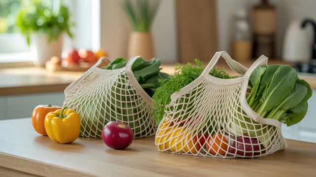 Fresh vegetables in reusable mesh produce bags on wooden kitchen counter