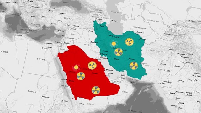 Iran and Saudi Arabia Strategic Comparison Map Animation &ndash; Energy and Nuclear Infrastructure Concept