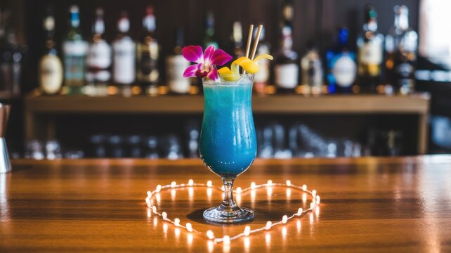 Refreshing Blue Cocktail With Orchid And Citrus Garnish On Wooden Bar