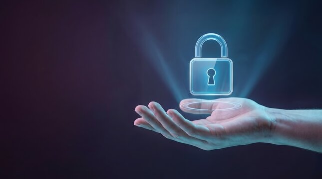 Digital security solution concept showing hand holding glowing holographic padlock representing personal data protection