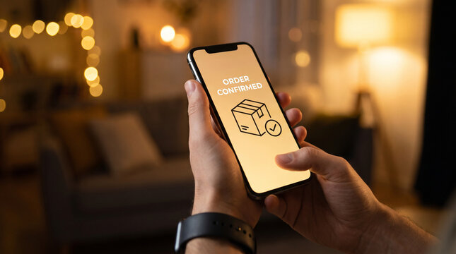 Hands holding smartphone displaying order confirmed message on bright screen inside cozy warm evening lit room