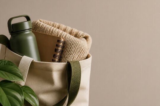 Eco friendly tote bag with reusable bottle and cozy sweater
